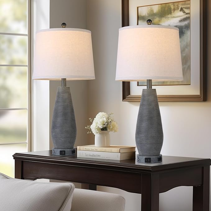 Farmhouse Table Lamps Set of 2 with USB C+A Ports and AC Outlet, 3 Way Touch Rustic Bedside Lamps for Living Room, 26.5" Grey Vintage Lamps for Bedroom Nightstand - Bloomnest