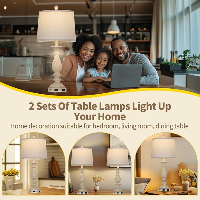 28" Tall Farmhouse Table Lamps for Living Room Set of 2,Vintage Rustic Beige Bedside Touch Lamp with USB C+A Ports & AC Outlet, 3-Way Dimmable Resin Nightstand Lamp for Bedroom Entryway Office - Bloomnest