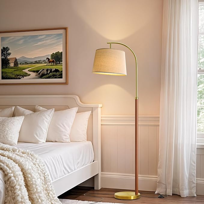 62.5" Wood Floor Lamp for Living Room Gold with Foot Switch Arc Standing Tall Lamps for Bedroom Mid Century Modern Corner Floor Lamps for Office Nursery Industrial Reading Light Room Lamp - Bloomnest