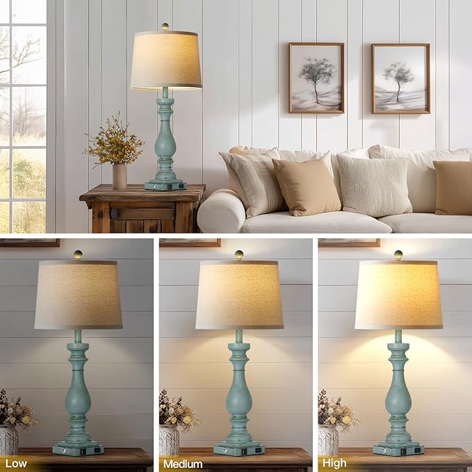 29" Tall Coastal Table Lamps Set of 2,Retro Blue Bedside Lamps with USB C+A Ports & AC Outlet,3-Way Dimmable Touch Lamp for Night Stands Living Room Bedroom,Blue - Bloomnest