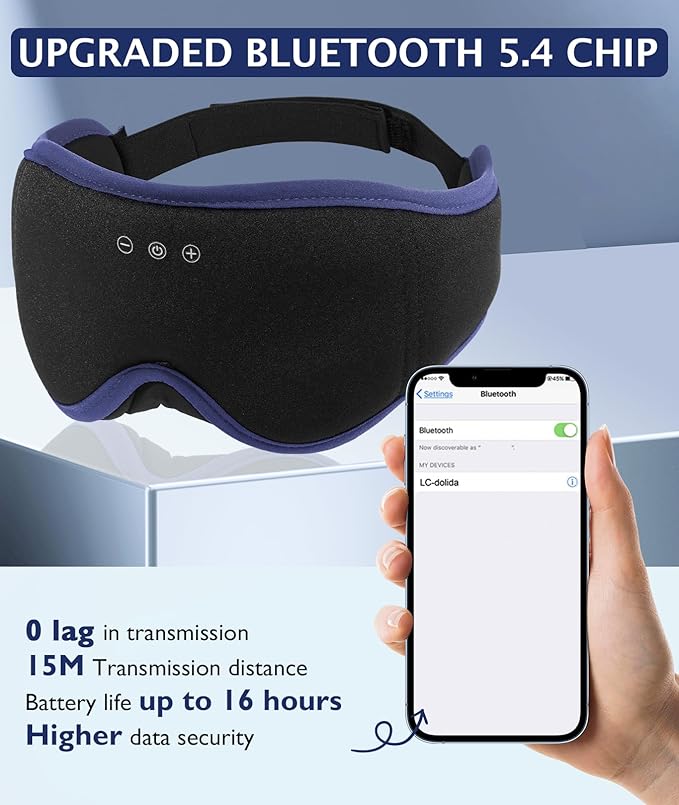LC-dolida Sleep Mask with Headphones Bluetooth 5.4, 3D Sleeping Headphones for Side Sleepers Bluetooth Sleep Mask Blackout Bluetooth Eye Mask for Sleeping Travel Meditation Men Women - Bloomnest
