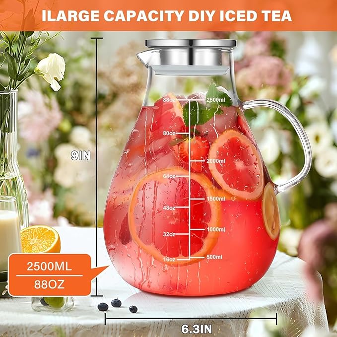 84.5oz Borosilicate Glass Teapot with 304 Stainless Steel Lid & Built-in Strainer, Stovetop & Microwave Safe Tea Kettle for Loose Leaf/Iced/Fruit/Herbal Tea, 2500ml Clear Pot - Bloomnest