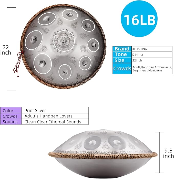 Handpan-Premium 432HZ 22 Inches 10 Notes D Minor Steel Hand Pan Drum Set,Silver Print Adults Handpan Drum - Bloomnest