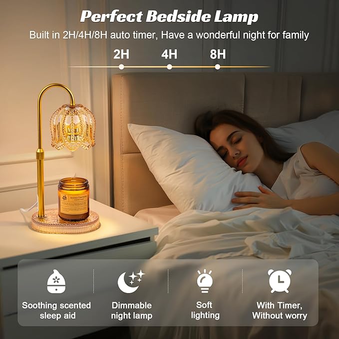 Petal Candle Warmer Lamp with Timer & Dimmable Light Champagne Gold - Adjustable Height Jar Melter on Crystal Glass Base, Home Decor Gift Set (Includes 2 Bulbs) - Bloomnest