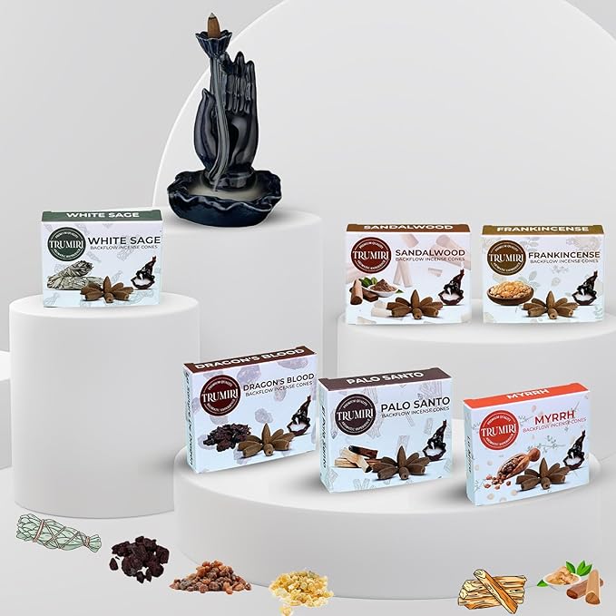 Woody - Backflow Incense Cones for Waterfall - Scented Inscents-Cones - Sandalwood, Dragons Blood, Palo Santo, White Sage - Insiensos Aromaticos - 6x10=60 Large Variety Pack - Back Flow Down Reverse TRUMIRI