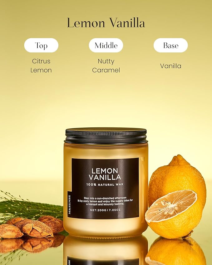 M&SENSE Lemon Vanilla Scented Slow Burning Candles for Home Scented, All Natural Soy Candles 7.05oz 50 Hours Slow Burning in Glass Jar, Stress Relief Gifts for Women and Men - Bloomnest