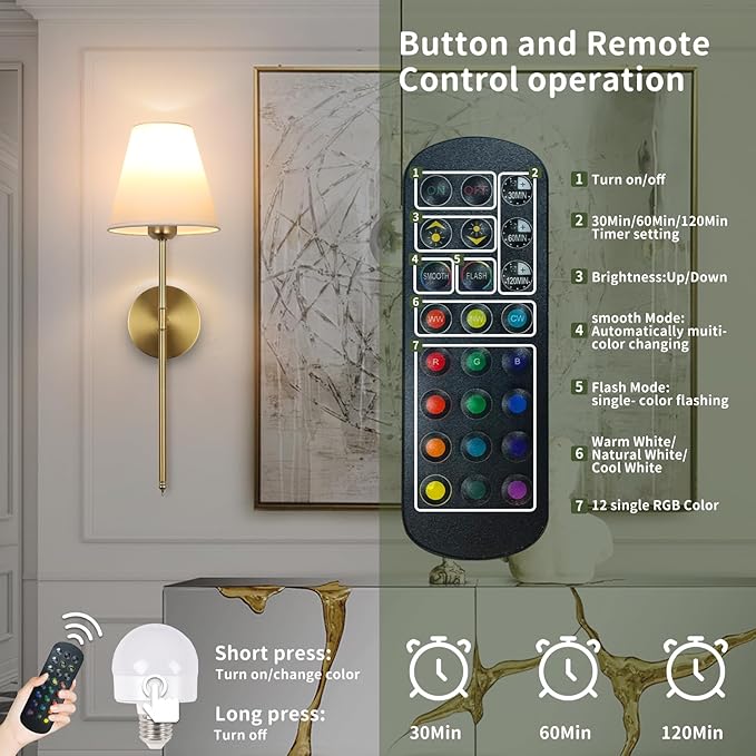 Battery Operated Wall Sconce Set of 2, 15 Colors Wireless Wall Light With Dimmable Remote Control Last 18-50 Hours, Gold Rechargeable Wall Lamp With White Fabric Shade For Living Room Bedroom Hallway - Bloomnest