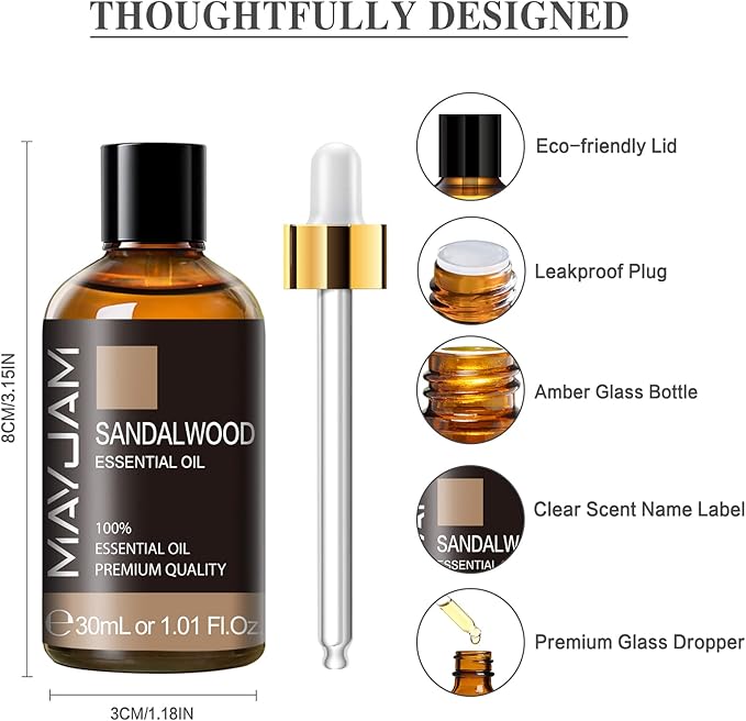 Sandalwood Essential Oil 1.01FL.OZ, MAYJAM Premium Aromatherapy Sandalwood Oil for Diffuser, Candle Making, Home Office Car Yoga Use, 30ML/Bottle - Bloomnest