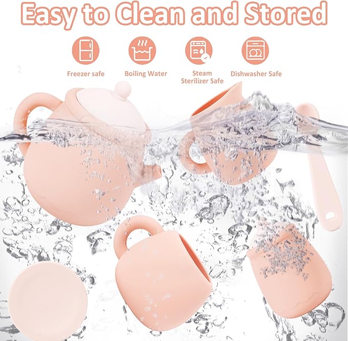 MCGMITT Silicone Tea Party Set, Toy Tea Set for Toddlers Kids, Includes Teapot, 4 Tea Cup and Coasters, Creamer, Sugar Bowl, 4 Spoon, Dishwasher Safe Pretend Teapot Set for Girls Boys Birthday Gifts