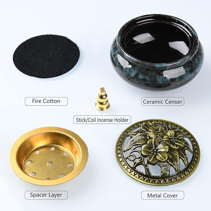Ceramic Incense Burner with Incense Holder+Spacer Layer+Fireproof Cotton,Handmade Smudging Burn Bowl for Stick or Coil Incense,Sage Cones and Frankincense (Dark Blue) - Bloomnest