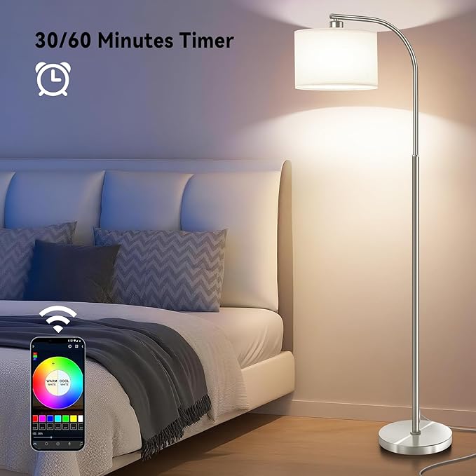 Floor Lamp for Living Room with Remote,Dimmable Standing Lamps,Modern Tall Floor Light with Smart RGB Bulb,App Control,3 Color Temperatures,Fabric Shades,Silver Floor Lamp for Bedroom Corner - Bloomnest