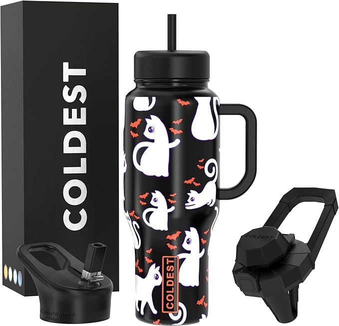 Coldest Tumbler with Handle and Straw, 100% Leak Proof Insulated Tumbler with Lid and Straw (3 Lids), Stainless Steel Tumblers for Women & Men, Cup Holder Friendly Base, 36 oz (Bats and Cats) - Bloomnest