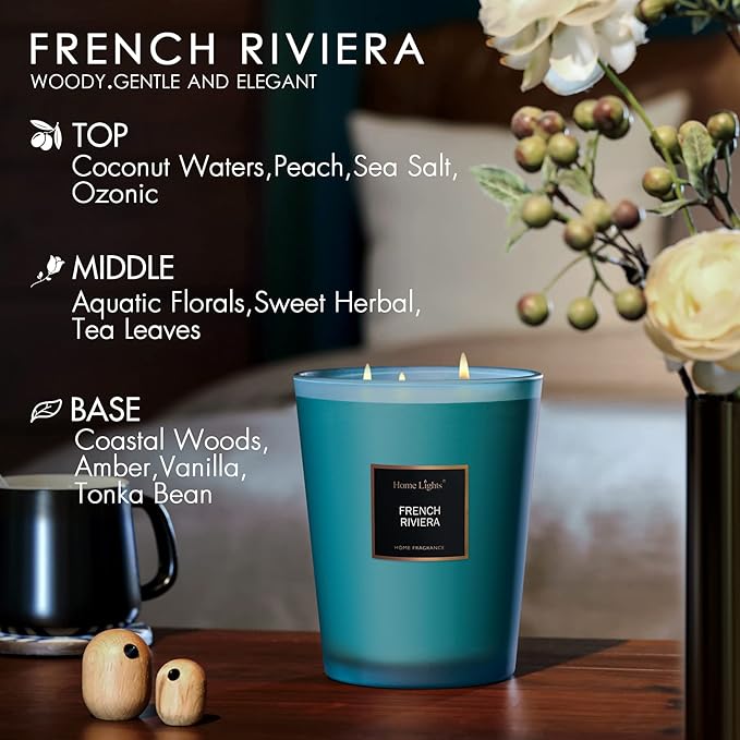 HomeLights Scented Candles | Large Jar Candle - 33.3 Oz. Natural Soy Aromatherapy Candles | Up to 130 Hours Burn Time with 3 Cotton Wicks,Home Decorative Fragrance Candles Gift - French Riviera - Bloomnest