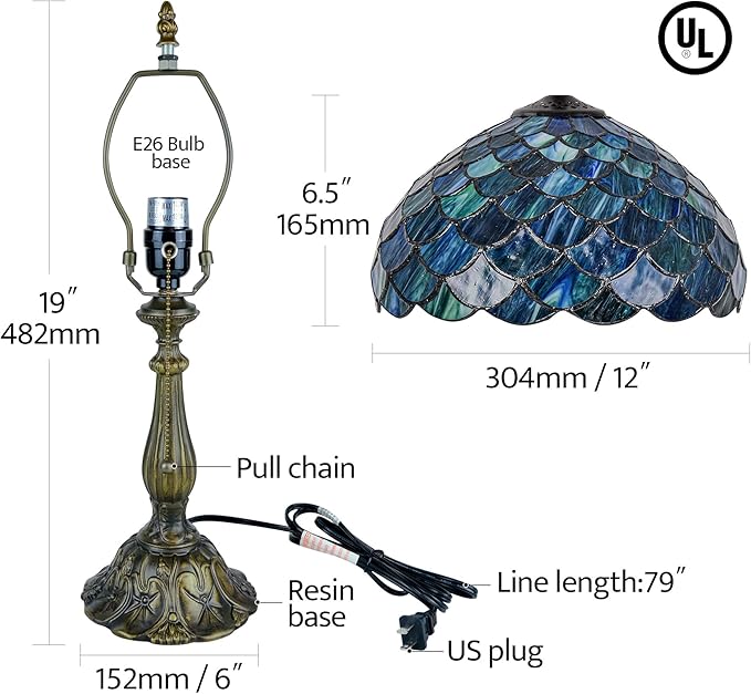 Tiffany Style Table Lamp Vintage Stained Glass Desk Lamp Sea Blue Fish Scales Bedside Reading Light Decor Bedroom Living Room Home Office D12 xH18 - Bloomnest