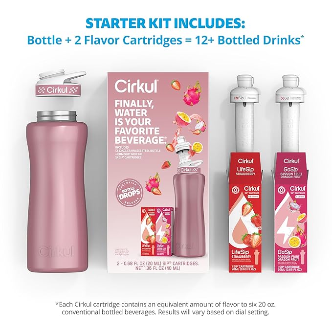 Cirkul 32oz. Rose Gold Stainless Steel Water Bottle Starter Kit with Rose Gold Lid and 2 Flavor Cartridges (1 LifeSip Strawberry, 1 GoSip Passion Fruit Dragon Fruit) No Sugar, Zero Calorie Drink Mix Cirkul