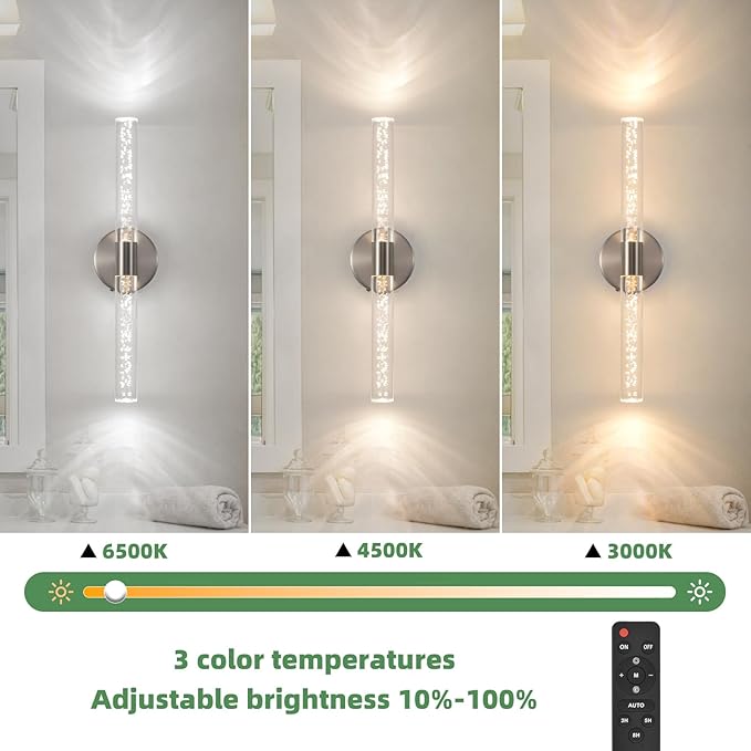 Modern LED Battery Operated Wall Sconces Set of Two, Dimmable Bathroom Crystal Wall Sconce, USB Rechargeable Brushed Nickel Vanity Wall Lamp, Bubble Wall Lights For Bedroom, Living Room. 20-Inch - Bloomnest