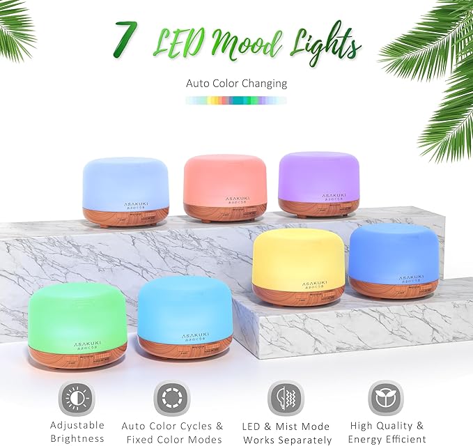 ASAKUKI Oil Diffuser with Essential Oils Set, 500ml Aromatherapy Humidifier with 14 LED Colors & Auto Shut-Off - 6 Oil Gift Pack(Lavender Eucalyptus Tea Tree Orange Peppermint Lemongrass) - Bloomnest