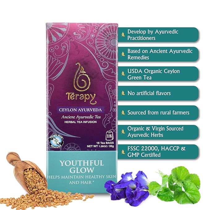 Térapy Ceylon Youthful Glow Herbal Tea Bags | Helps Maintain Healthy Skin and Hair | 100% Natural Blue Butterfly Peas, Licorice Root, Green Tea & More | Individually Wrapped Organic Tea Bags |18 Count - Bloomnest