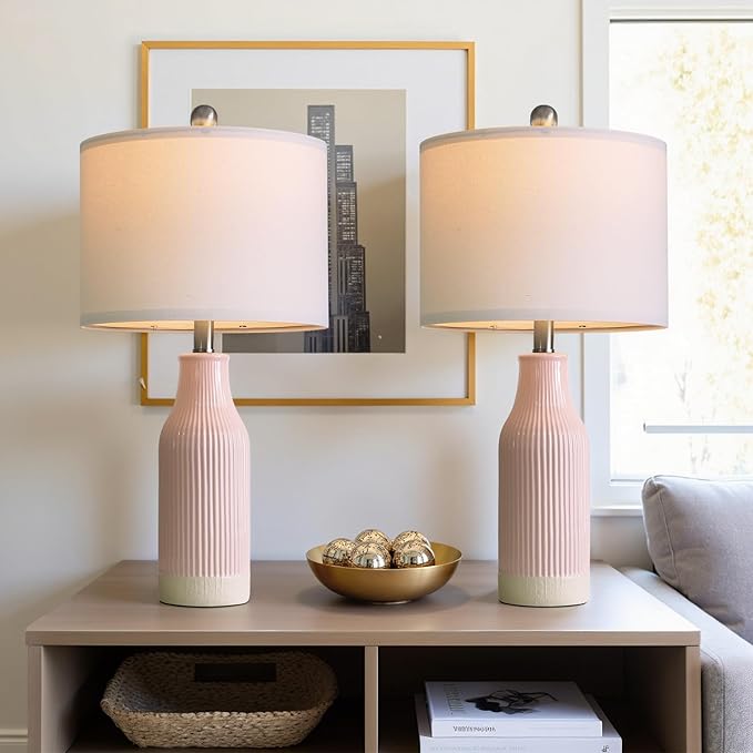 23.75inch Pink Modern Ceramic Bedside Lamp Set of 2 for Bedroom Decor Farmhouse Table Lamp for Living Room Office Dorm - Bloomnest