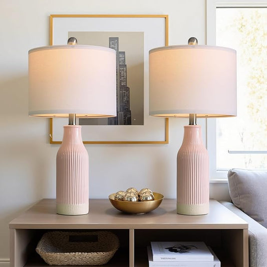 23.75inch Pink Modern Ceramic Bedside Lamp Set of 2 for Bedroom Decor Farmhouse Table Lamp for Living Room Office Dorm - Bloomnest