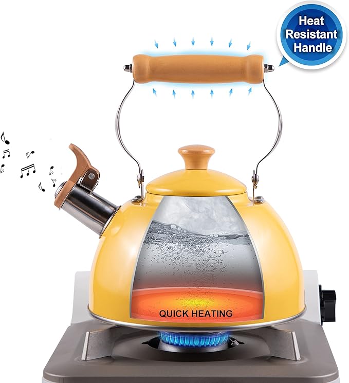 ROCKURWOK Tea Kettle, Tea Pot with Cool Touch Ergonomic Handle, Teapot Food Grade Stainless Steel, Tea Kettle Stovetop, Kettle Teapot, Whistling Tea Kettle, Tea Pot, 2.7 Quart (Yellow) - Bloomnest