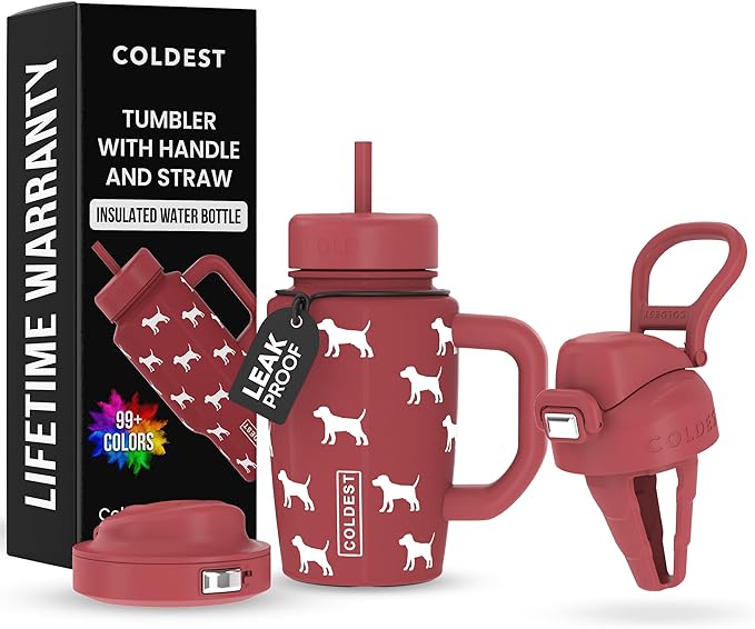 Coldest Tumbler with Handle & Coffee Lid - 100% Spill Proof Tumbler (3 Lids) - Stainless Steel Insulated Leakproof Tumblers for Women & Men - Cup Holder Friendly - 15 oz (Baby Puppy) - Bloomnest