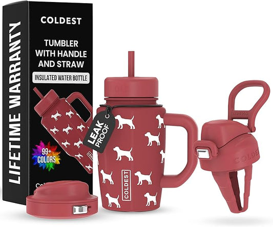 Coldest Tumbler with Handle & Coffee Lid - 100% Spill Proof Tumbler (3 Lids) - Stainless Steel Insulated Leakproof Tumblers for Women & Men - Cup Holder Friendly - 15 oz (Baby Puppy) - Bloomnest