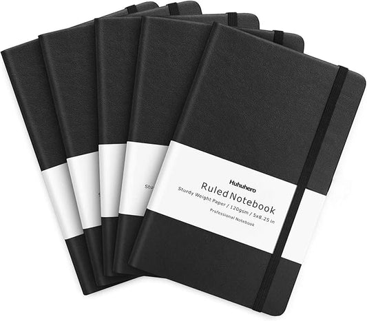 Huhuhero Lined Journal Notebook, 5 Pack Black Hardcover Notebooks for Work Women Men, 120Gsm Thick Paper Leather Journals for Writing Note Taking Business, Journaling School Supplies 5"×8.25" - Bloomnest