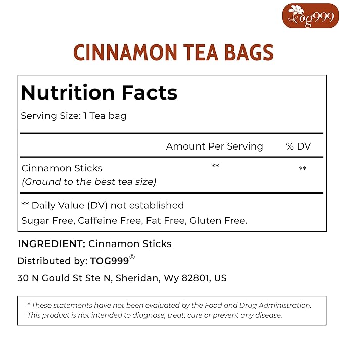 TOG999, Premium 60 Tea Bags - Special Cinnamon Tea, 100% Natural & Pure, Herbal Tea. Cinnamon Stick Herbal Spice Tea. No Sugar, No Caffeine, No Gluten, Vegan. - Bloomnest