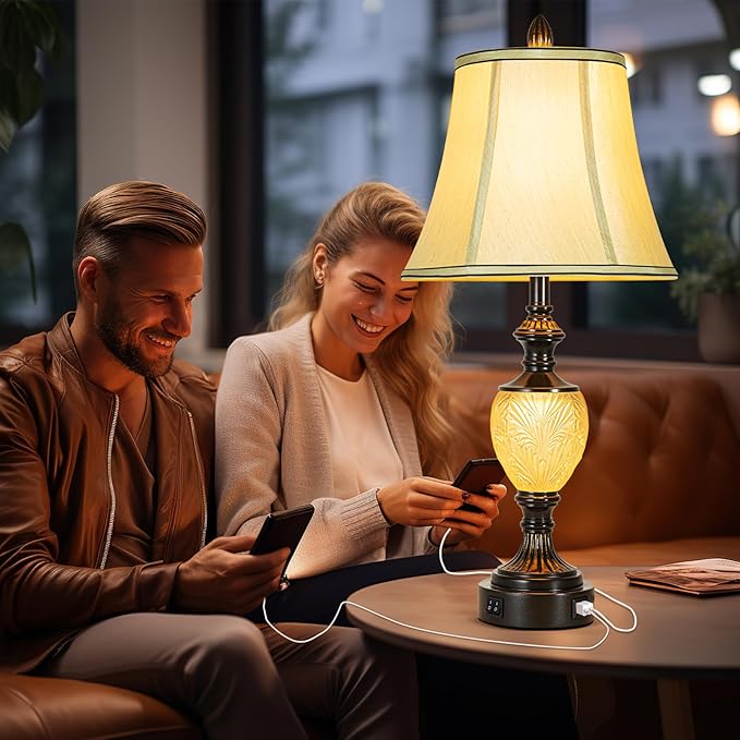 27'' High Vintage Table Lamp Set of 2 for Living Room Farmhouse Bedside Lamp with Fabric Shades Boho Nightstand Lamp with USB and Nightlight for Bedroom Home Office Hotel Bar (Bulb Included) - Bloomnest