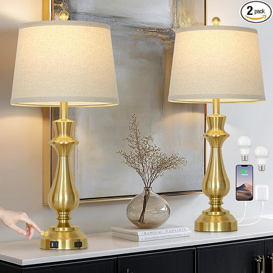 Modern Gold Table Lamps Set of 2 for Living Room,30" Tall Bedside Lamp with USB Charging Port,3-Way Dimmable Touch Nightstand Lamp for Bedroom Desk Side Table Office,Gold - Bloomnest