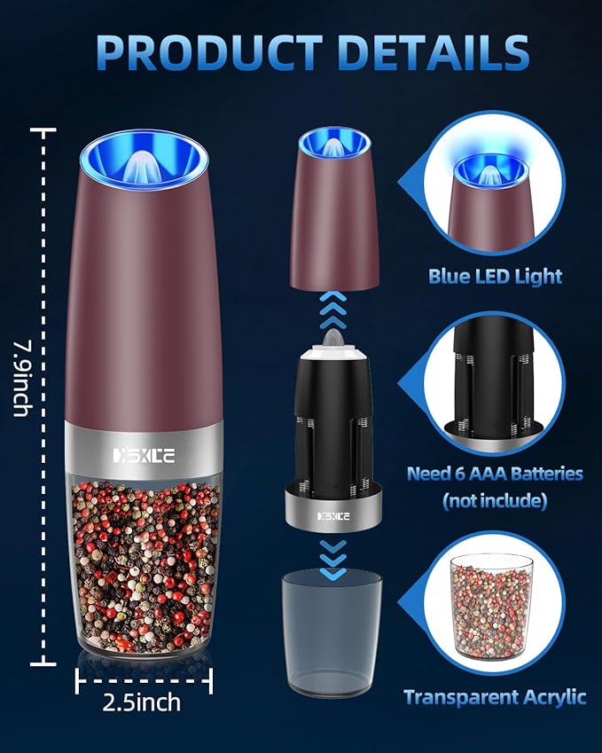 XinXu Gravity Electric Pepper Grinder, Salt or Pepper Mills & Adjustable Coarseness, with LED Light, One Hand Automatic Operation -Set/RoseRed - Bloomnest