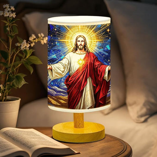 Jesus Christ Table Lamp LED 3-Color Pressed Bedside for Merry Christmas, Jesus Christ Shade Christmas Table Lamp with Wood Base for Bedroom Living Room Desk Office - Bloomnest