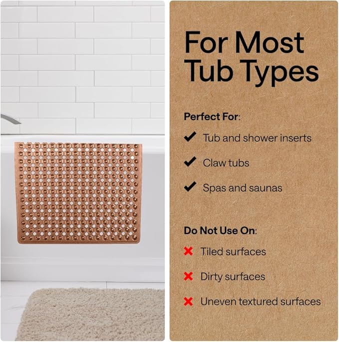 GORILLA GRIP Patented Bath Tub Shower Mat, Machine Washable Bathtub Floor Liner Mats, Suction Cups and Drain Holes to Keep Tubs Clean, Soft on Feet, Bathroom Essentials, 35x16 Inch, Brown - Bloomnest