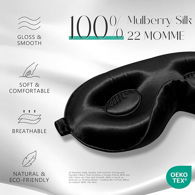 ZIMASILK Adjustable 22 Momme 100% Mulberry Silk Sleep Mask, Upgraded 3D Contoured Cup Eye Mask for Sleeping, Super Soft & Breathable Blindfold, Blackout for Deep Sleeping (Black) - Bloomnest