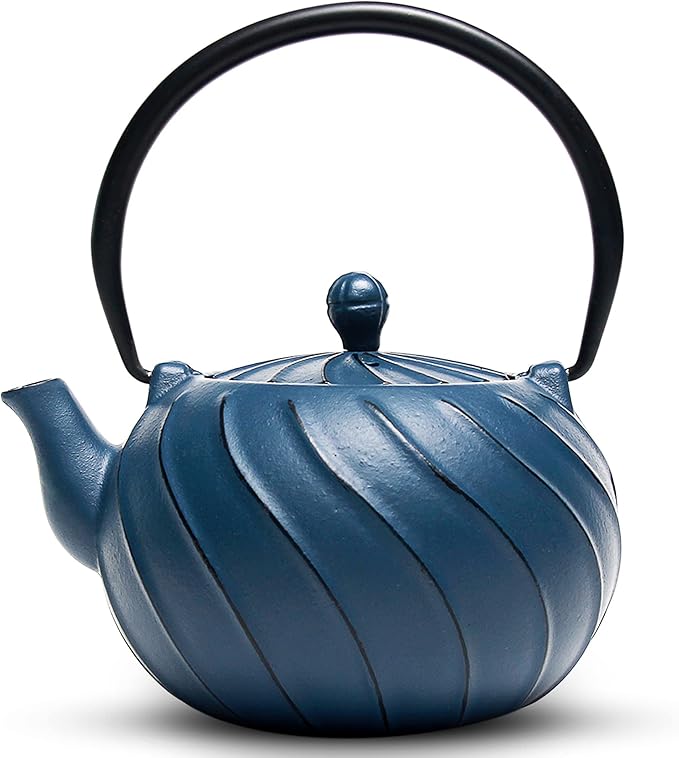 Tea Kettle, TOPTIER Japanese Cast Iron Teapot with Stainless Steel Infuser, Cast Iron Tea Kettle for Stove Top, Wave Design Teapot Coated with Enameled Interior for 30 Ounce (900 ml), Navy Blue - Bloomnest