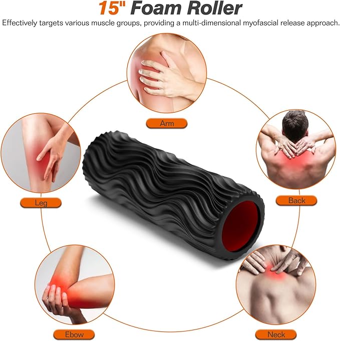 Foam Roller, 15" High Density Foam Back Roller, Wave Textured Massage Roller for Deep Muscle Massage Pilates Yoga,Fitness Exercise Roller for Whole Body Release(Black)