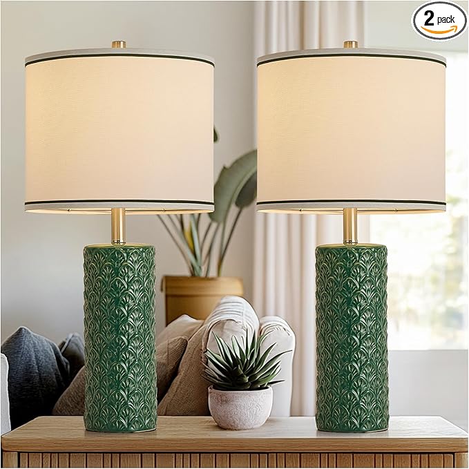 27" Farmhouse Bedside Table Lamp Set of 2, Green Modern Ceramic Lamps for Living Room, 3 Color Temperature Rustic Table Lamps for Bedroom, Night Stands, Dorm,Office, Home Décor (Bulb Included) - Bloomnest