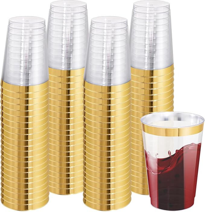 I00000 100 Pack 12 oz Gold Plastic Cups, Gold Rimmed Disposable Cups, Disposable Wine Glasses Cocktail Glasses Premium Cup with Golden Rim, 12 Ounce Plastic Tumblers for Party & Wedding - Bloomnest