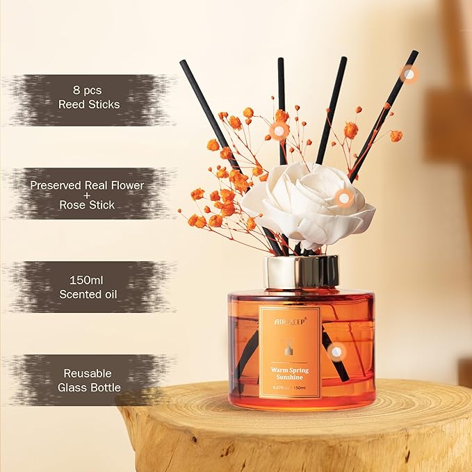 Airkeep Flower Reed Diffusers Set, 5.07 oz Freesia/Passion Fruit/Orange Scented Oil Diffuser with 8 Reed Sticks, Home Fragrance Diffuser Gift Set for Bathroom & Office Decor 150ml - Bloomnest
