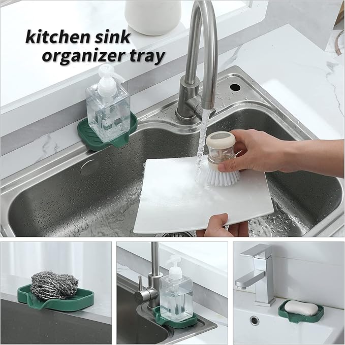 Silicone Bathroom Soap Dishes with Drain Spout-Bathroom and Kitchen Sink Organizer,Sponge Holder,Dish Soap Tray,Perfect for Dispenser,Scrubber,Bottle,Cup on Sink or Counter-Green 4.9"×3.2" - Bloomnest