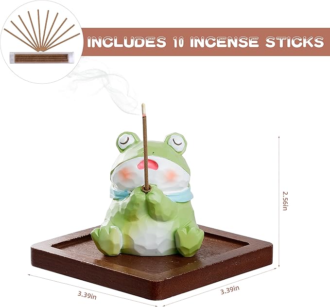 Lionpower Incense Holder for Sticks with Burner & Ash Catcher - Resin Frog, Wooden Tray, 10 Incense Sticks for Meditation Yoga Spa, Cute Home Decor Room Accessories (Frog)