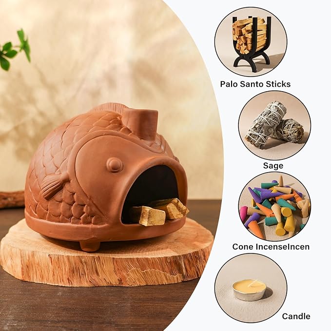 Large Fish-Shaped Terracotta Palo Santo Holder - Cone Burner for Sage,Chiminea Incense Dish with Chimney,Ideal for Meditation, Zen, Yoga, Spa & Wellness | Anxiety & Stress Relief Items MOUGIGI