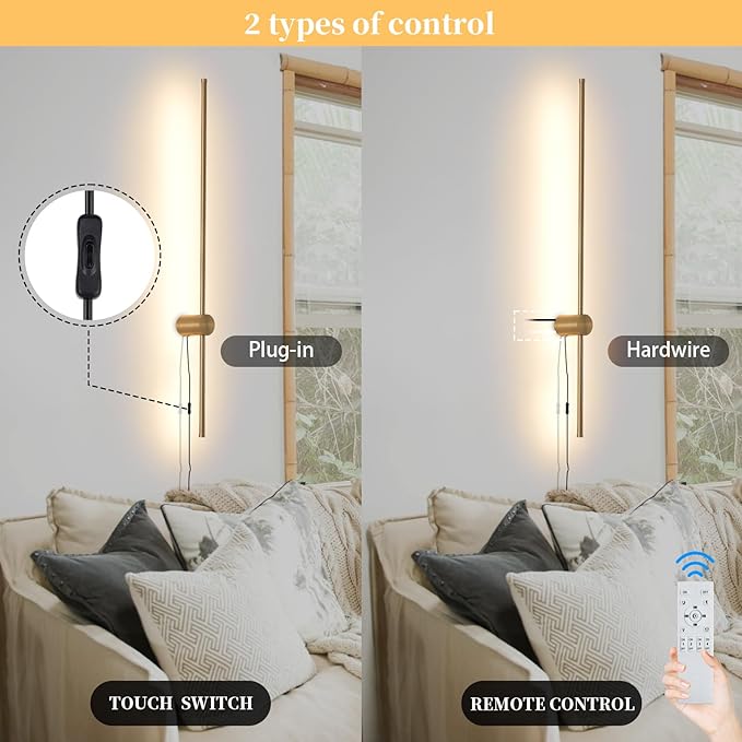 Dimmable Plug in Wall Sconce Set of 2, Gold 39.37" LED Wall Light with Remote, Adjustable Color Temperature Brightness Wall lamp with Timer for Living Room,Bedroom and Accent Lighting - Bloomnest