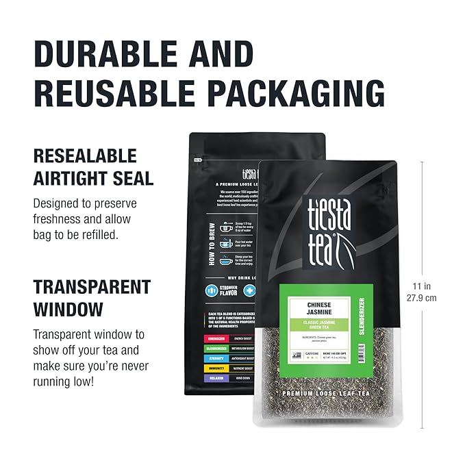 Tiesta Tea - Chinese Jasmine, Loose Leaf, Classic Jasmine Green Tea, Premium Blend, Medium Caffeinated, Make Hot or Iced Brews Up to 200 Cups, 16 Ounce Resealable Bulk Pouch - Bloomnest
