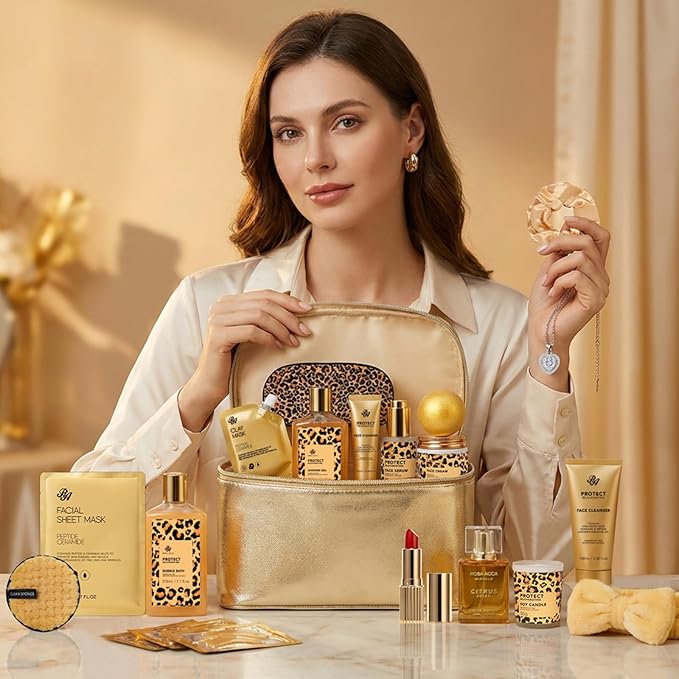 25 Pcs Valentines Day Gifts for Women, Honey & Almond Bath & Body Gift Set, Hydrating Skin Care Kit, Spa Gift, Cosmetic Bag, Necklace, Anniversary, Christmas, Birthday, Mothers Day - Bloomnest