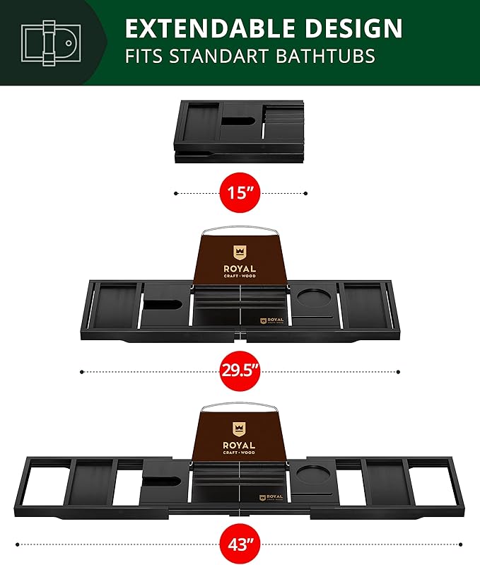ROYAL CRAFT WOOD Premium Foldable Bathtub Tray - Wood Bath Tray for Tub, Bamboo Shelf, Expandable Bath Table Trays, Bathtub & Bathroom Accessories for New Home & Mothers Day & Birthday Gifts for Mom - Bloomnest