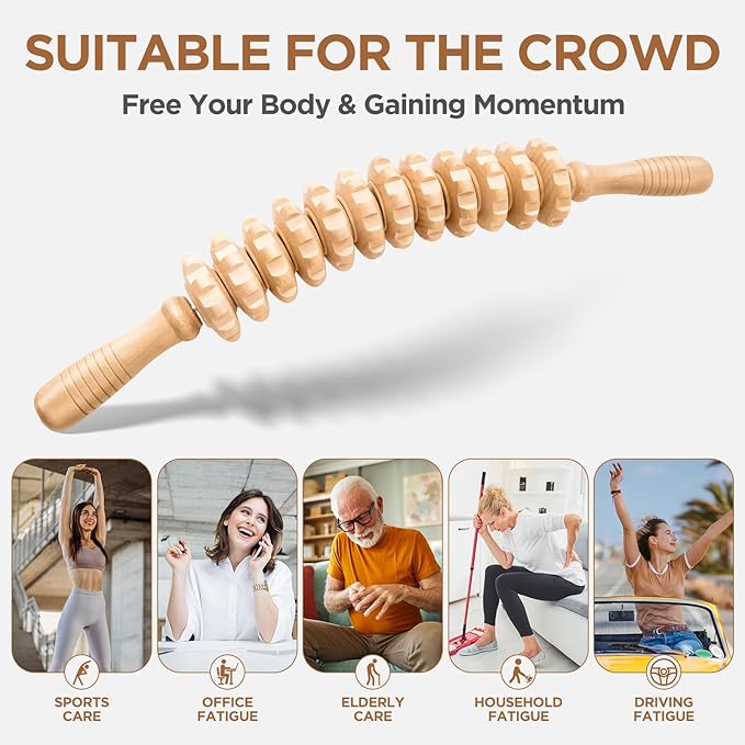 Wooden Cellulite Massage Roller for Legs and Thighs - Handheld Fascia Blaster Tool for Muscle Relief, Lymphatic Drainage & Body Sculpting - Anti Cellulite Massager for Women and Men (12 Wheel) - Bloomnest