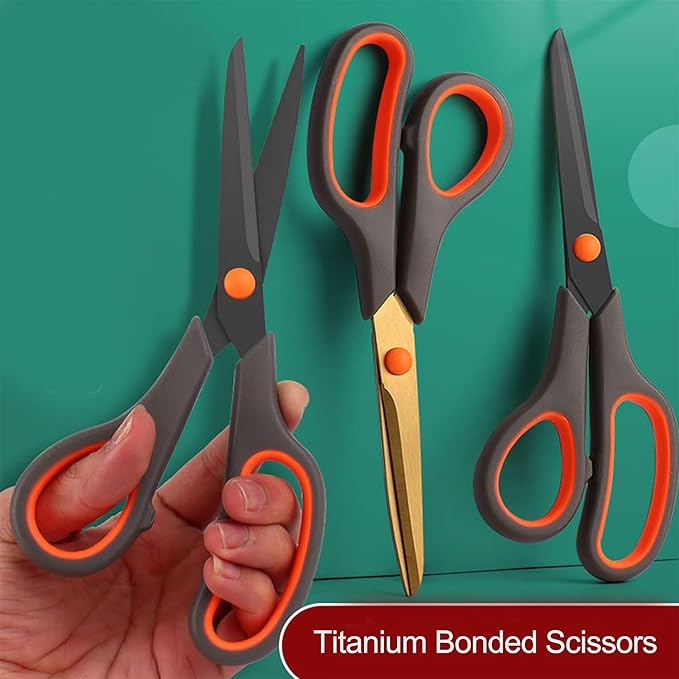 Scissors, Rkqoa 8" All Purpose Titanium Scissor Set of 3 Pack - 2.5mm Thick Sharp Scissors Bulk for Office School Sewing Craft Supplies, Classroom Must have, Teacher/Class Shears, Right/Left Handles - Bloomnest