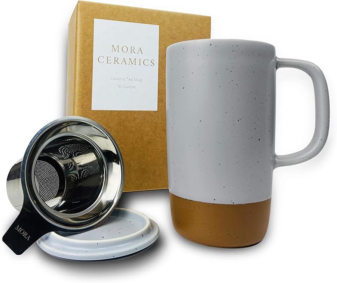 Mora Ceramics Large Tea Mug with Loose Leaf Infuser and Ceramic Lid, 18 oz, Portable, Microwave and Dishwasher Safe, Tall Coffee Cup - Rustic Matte Ceramic Glaze, Modern Herbal Tea Strainer, Sleet - Bloomnest